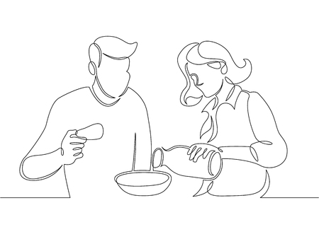 One continuous drawn single art line doodle sketch character joint tomorrow, family breakfast, meal, couple in loveのイラスト素材