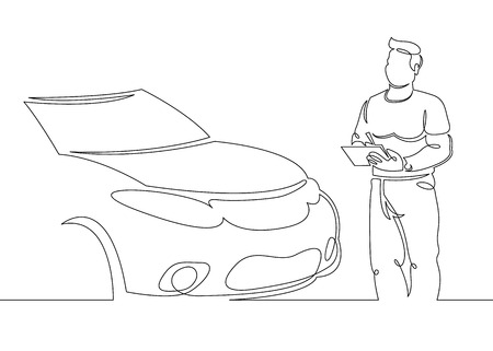 One continuous single drawn line art doodle mechanic, car, garage, service, auto, repair, vehicle, shop, engine, workshop .Isolated image of a hand drawn outline on a white background.のイラスト素材