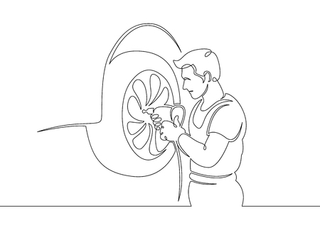 One continuous single drawn line art doodle mechanic, car, garage, service, auto, repair, vehicle, shop, engine, workshop .Isolated image of a hand drawn outline on a white background.のイラスト素材