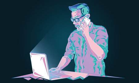 Businessman IT specialist man working behind a laptop.Vector illustration abstract mash line low...