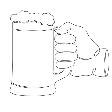 Continuous one line hand drawing hand holding a glass mug with beer foamのイラスト素材