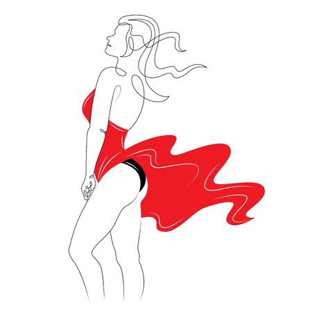 One continuous single drawn art line minimalism doodle beautiful attractive girl in red suit dress skirt.Black red color clothes suit dress. Isolated image flat vector illustration.Fashion and Beauty Conceptのイラスト素材