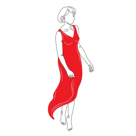 One continuous single drawn art line minimalism doodle beautiful attractive girl in red suit dress skirt.Red color clothes suit dress. Isolated image flat vector illustration.Fashion and Beauty Conceptのイラスト素材
