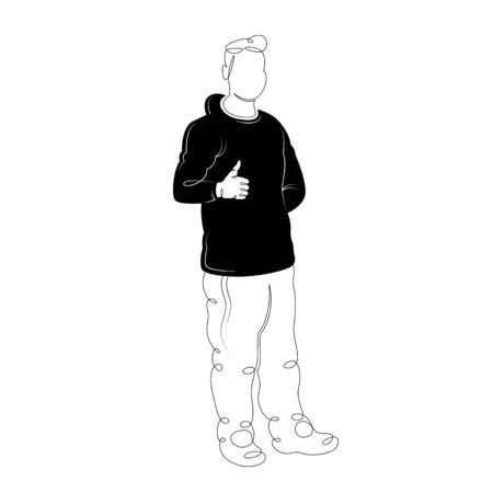 A man in a black sweater and wide pants, shows a gesture well thumbs up.Character cartoon flat isolated colored drawing sketch continuous line minimalism illustrationのイラスト素材
