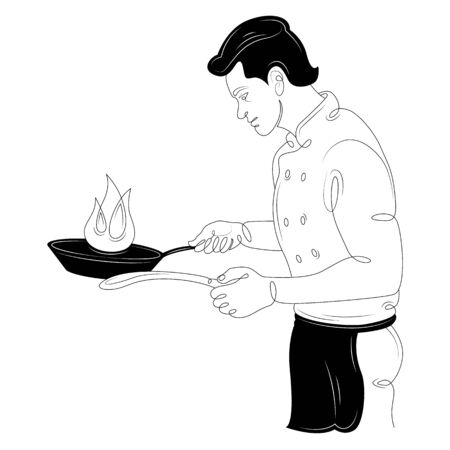 Male chef cook preparing a hot dish in a pan.Character cartoon flat isolated colored drawing sketch continuous line minimalism illustrationのイラスト素材