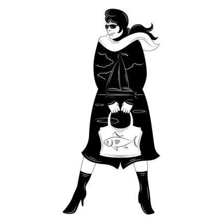 Woman, yacht inside a black coat, with fish in a bag. Double exposure.Character cartoon flat isolated colored drawing sketch continuous line minimalism illustrationのイラスト素材