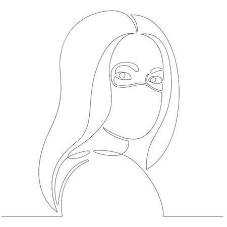 Continuous one line drawing.Portrait Young woman in a protective face mask from coronavirus.Concept sign doodle cartoon character flat modern minimal illustration.のイラスト素材