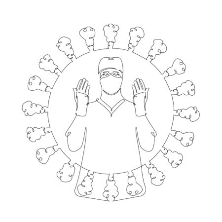 Continuous one line drawing.Coronavirus, virus, microbiology, viral, flu.Doctor therapist virologist in a protective mask on his face.Concept sign doodle cartoon character flat modern minimal illustration.のイラスト素材