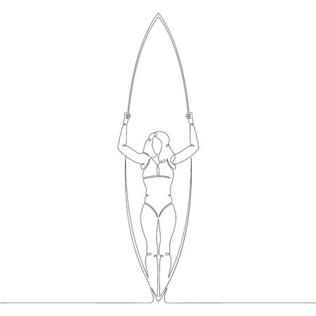One continuous drawing line beautiful girl in a bikini stands with a surfboard. Beach vacation.Single hand drawn art line doodle outline isolated minimal illustration cartoon character flatのイラスト素材