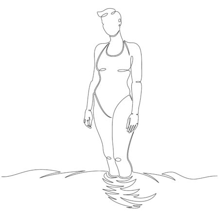 One continuous drawing line young beautiful girl in a swimsuit on the beach in the pool .Single hand drawn art line doodle outline isolated minimal illustration cartoon character flatのイラスト素材