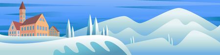 Minimal winter landscape panorama.Holiday christmas white blue snow winter minimal flat mountain landscape illustration.のイラスト素材