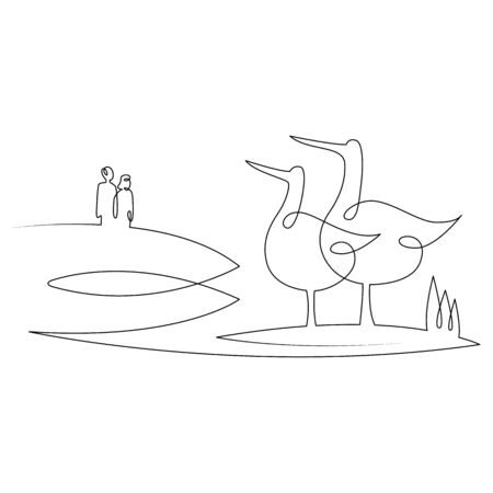 One continuous drawing line landscape two birds on the lake, symbol of a couple in love .Single hand drawn art line doodle outline isolated minimal illustration cartoon character flatのイラスト素材