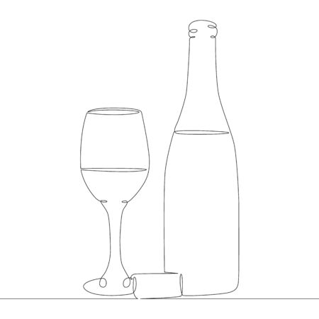 One continuous drawing line Wine bottle with a glass .Single hand drawn art line doodle outline isolated minimal illustration cartoon character flatのイラスト素材