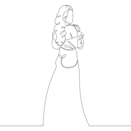 One continuous drawing line girl after sleep in the morning in a tunic .Single hand drawn art line doodle outline isolated minimal illustration cartoon character flatのイラスト素材