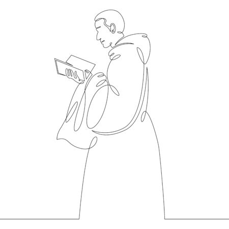 One continuous drawing line catholic monk in cassock reads bible .Single hand drawn art line doodle outline isolated minimal illustration cartoon character flatのイラスト素材