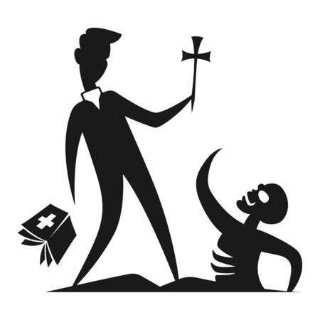 Silhouette character contour flat minimal cartoon humor satire  stickman illustration a priest with a crucifix and a bible is trying to illuminate a cemetery coming to life from a tomb of a zombieのイラスト素材