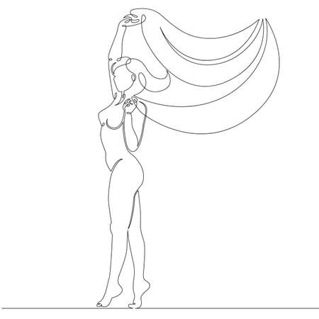 One continuous drawing line logo portrait of beautiful woman with developing long shawl scarfのイラスト素材