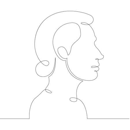 One continuous drawing line young woman girl portrait profile head bustsketch  side view .Single hand drawn art line doodle outline isolated minimal illustration cartoon character flatのイラスト素材