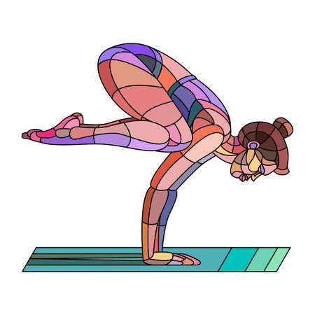 Beautiful young slender woman goes in for sports fitness yoga on the mat. Bright colored illustration in modern flat character cartoon style.のイラスト素材