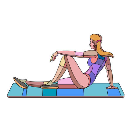 Beautiful young slender woman goes in for sports fitness yoga on the mat. Bright colored illustration in modern flat character cartoon style.のイラスト素材