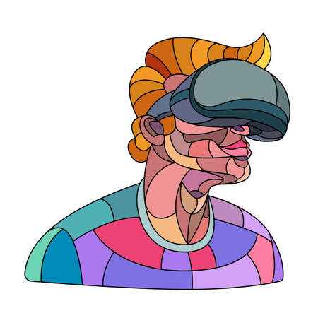 A male character plays with glasses in a virtual reality helmet. Bright colored illustration in modern flat character cartoon style.のイラスト素材