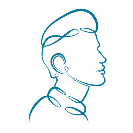 Portrait silhouette in profile of the head of a young man. One line continuous thick bold single drawn art doodle isolated hand drawn outline logo illustration.のイラスト素材