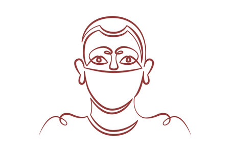 Young male teenager in a protective mask. Social protest and demonstrations.One line continuous thick bold single drawn art doodle isolated hand drawn outline logo illustration.のイラスト素材