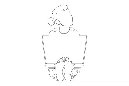 A small child sits at a laptop on the Internet, plays at the computer. One continuous drawing line, logo single hand drawn art doodle isolated minimal illustration.のイラスト素材