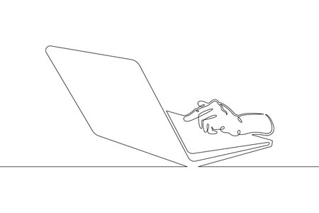 Laptop computer, human hands brush typing text on the keyboard. Working at the computer.One continuous drawing line, logo single hand drawn art doodle isolated minimal illustration.のイラスト素材