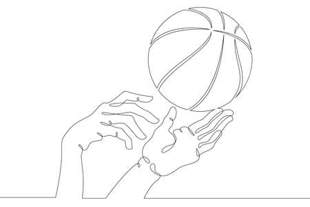 Basketball game. Hands reach out to grab the basketball in the game. Basketball ball. One continuous drawing line logo single hand drawn art doodle isolated minimal illustrationのイラスト素材