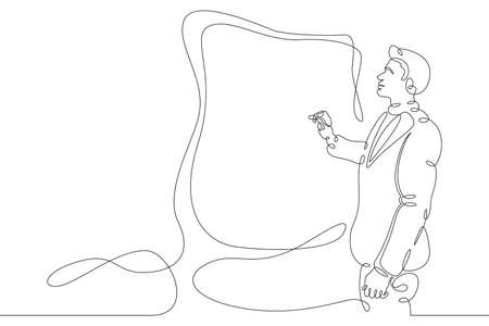 Scientist theorist physicist. Professor solving an equation on a blackboard. Education and Science. One continuous drawing line single hand drawn art doodle isolated minimal illustration.のイラスト素材