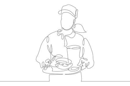 Seller cashier of a restaurant in a street fast food cafe at work. Drinks and meals. Carbonated drinks and sandwiches.One continuous drawing line logo single hand drawn art doodle isolated minimal illustration.のイラスト素材