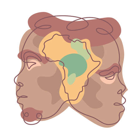 Female and male portrait. Face profile symbol of local nationality. Africa silhouette map.のイラスト素材