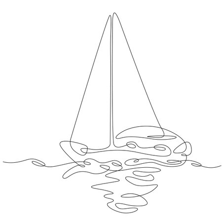 One continuous line. The sailing ship sails in the waters of the sea. Sea transport takes tourists on a journey. One continuous drawing line logo isolated minimal illustration.のイラスト素材