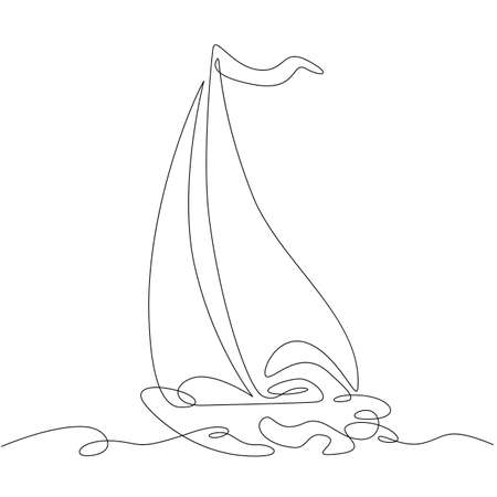 One continuous line. The sailing ship sails in the waters of the sea. Sea transport takes tourists on a journey. One continuous drawing line logo isolated minimal illustration.のイラスト素材