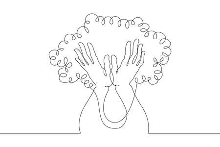 One continuous line.Ecology symbol.Tree leaf.Human hands are like a tree trunks.のイラスト素材