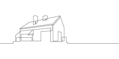 One continuous line.Modern minimalistic house. Residential building for a family. Architectural concept of a fashionable residential building.Architectural concept of a trendy residential building.Continuous line drawing.Line Art isolated white background.のイラスト素材