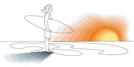 One continuous line.Surfer with a board on the ocean beach. Surfing. Colored isolated elements. Continuous line drawing.Line Art isolated white background.のイラスト素材