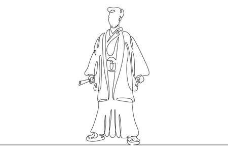 One continuous line.Japanese man character in traditional folk national clothes yukata and hakama. National clothes of Japan.Continuous line drawing.Line Art isolated white background.のイラスト素材