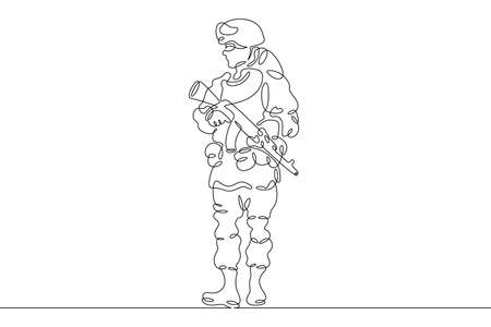One continuous line.Warrior on the attack. Modern military man in combat gear. Soldier with weapons and helmet.Continuous line drawing.Line Art isolated white background.のイラスト素材