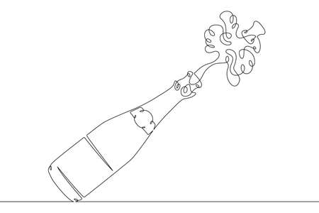 One continuous line.The cork flies out of a bottle of champagne.Bottle of wine and glass.Alcohol and wine glasses.Champagne cork flies out of the bottle of sparkling wine.Continuous line drawing.Line Art isolated white background.のイラスト素材
