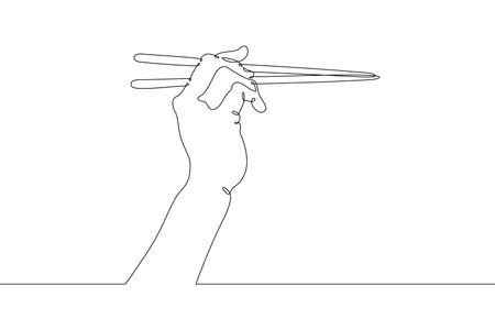The hand holds chopsticks. Asian traditional cutlery.One continuous line drawing. Line Art isolated white background.のイラスト素材