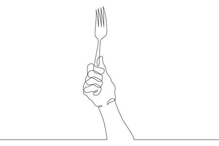 The hand is holding a fork. Traditional cutlery for eating.One continuous line drawing. Line Art isolated white background.のイラスト素材