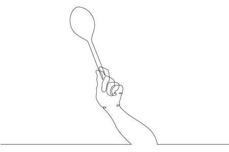 The hand holds a spoon for food. traditional cutlery. Food preparation.One continuous line drawing. Line Art isolated white background.のイラスト素材