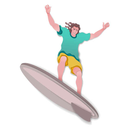 paper cut style. Fashionable surfer on a surfboard. Surfing. Origami silhouette.Craft paper cut art illustration.のイラスト素材