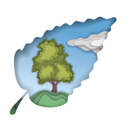 Paper cut style.Tree leaf. double exposure. landscape with a tree. A tree against the blue sky. Cloud in the sky.Origami silhouette.Craft paper cut art illustration.のイラスト素材