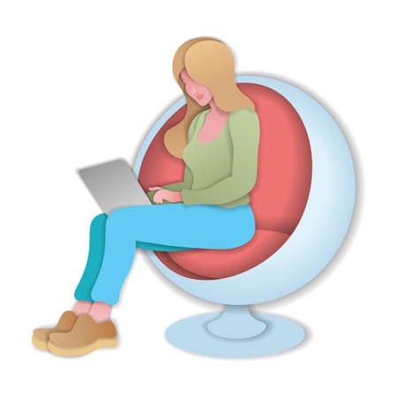 Paper cut style.Woman sitting with laptop in trendy round armchair.Woman works at the computer. Work and Internet search.Origami silhouette.Craft paper cut art illustration.のイラスト素材