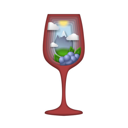 paper cut style. Glass of red wine. Mountain landscape with clouds. Grapevine with leaves. Symbols of winemaking.Origami silhouette.Craft paper cut art illustration.の写真素材