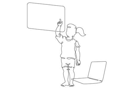 One continuous line. The child sits at the laptop. The little child crawlers. Newborn at the computer. Baby with a laptop. One continuous line is drawn on a white background.のイラスト素材