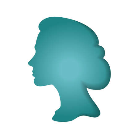 A woman with her hair pulled back. paper cut style. face silhouette. Colored turquoise profile portrait of a female character. Origami silhouette. Art illustration of craft paper cut design.のイラスト素材